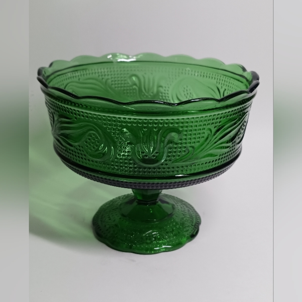 Vintage E.O. Brody Co. M6000 Green Glass Compote Candy Dish Cleveland Ohio